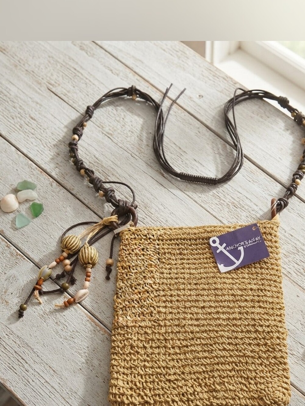Anchor’s Away Straw Crochet Crossbody Bag NWT Beaded Shell Strap Boheme Summer
